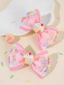 2pcs Pink Bow Hair Clips, Suitable For Girls. Cute Cupcake Decor, Rainbow Striped Print Hair Clips, Alligator Clips, Girls & Teens Hair Accessories, Suitable For Daily Life - Nhiều màu - Xem 2