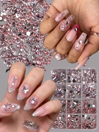 QIANJIKU 12-Compartment Box, Pink & Silver Color, Heart, Butterfly, Star Shaped Nail Rhinestones, Mixed Flat Bottom Rhinestones, Sweet & Spicy Girl Style, Pure Fairy Style, Y2K Nail Jewelry Set