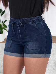 Quần short denim ống đứng dáng thường ngày dành cho nữ, thiết kế có túi, chất liệu co giãn, kiểu dáng tươi mát và đa năng cho mùa hè. - Rửa tối - Xem 3
