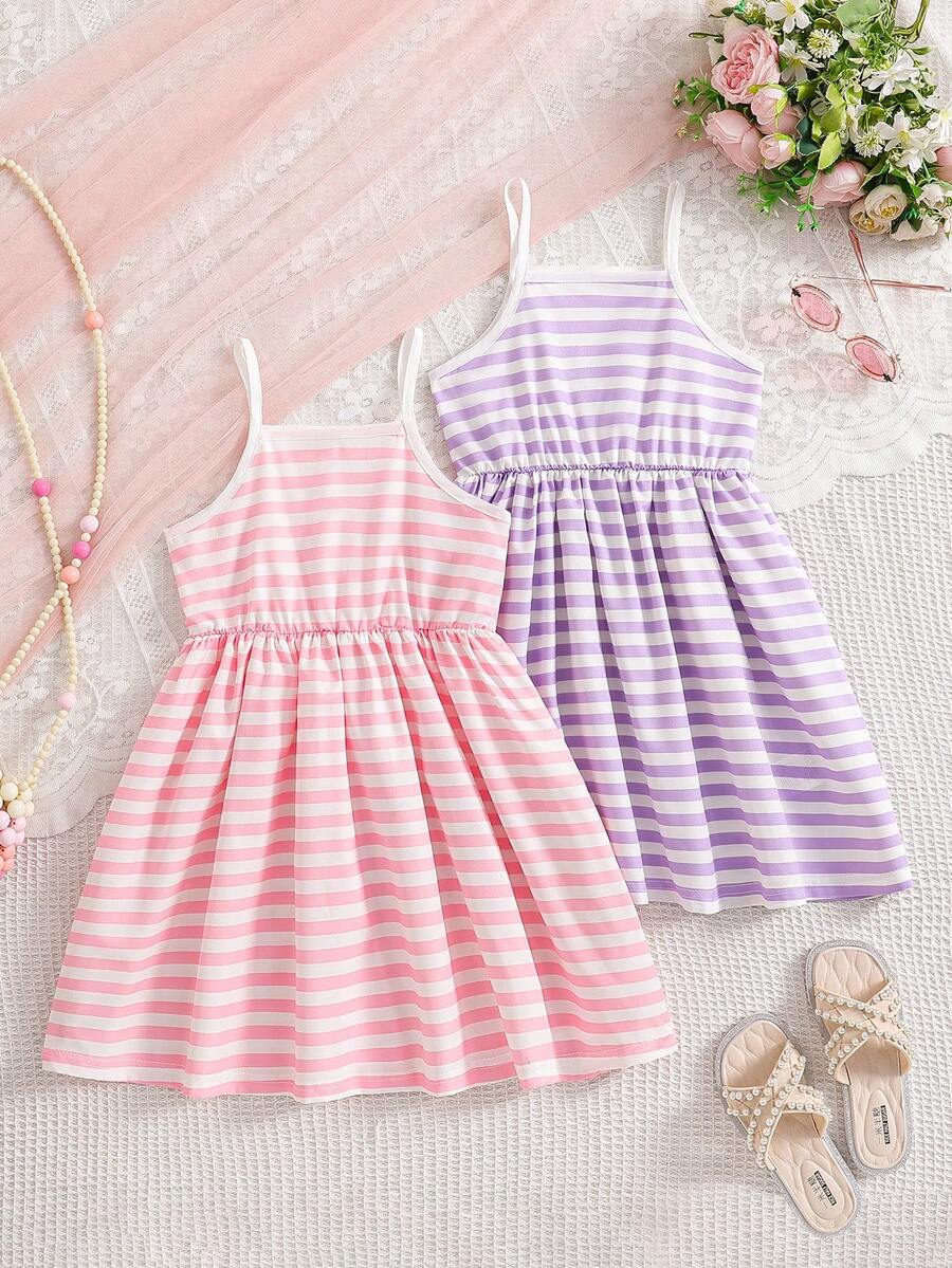 2pcs/Set Summer Fashion Girls Dress, Minimalist Striped & Printed Pattern Sleeveless Casual Comfortable Girls Dress, Suitable For Vacation, Outdoor, Daily Wear - Multicolor - View 1