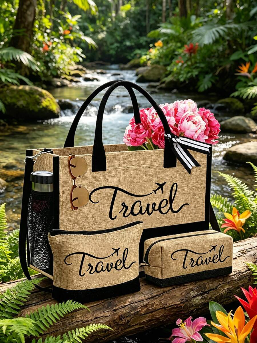Women's Beach Tote Bag Set, Featuring "Travel" Letter Pattern Design, Large Capacity Tote Bag With 2 Cosmetic Bags. Lightweight Reusable Shopping Bag, Mini Coin Purse, Multi-Function Storage Pouch, Suitable For Weekend Getaways, Work, Daily Life, Spring/Summer Beach Vacation, Outdoor Weddings, Birthdays, Holidays, Etc.