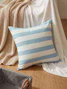 1pc 100% Cotton Blue Striped Pillow Cover, Invisible Zipper, Linen-Like Texture, No Filling, Minimalist Decor For Living Room, Dining Room And Bedroom - Multicolor - View 4