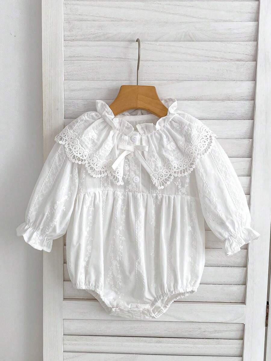 Body de manga larga con cuello de encaje para bebé niña - Blanco - Ver 1