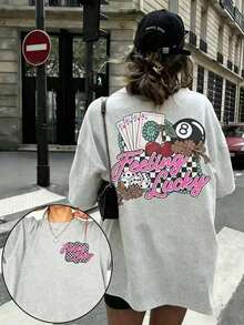 1pcsEMERY ROSE Graphic Tee Feeling Lucky Rodeo Shirt Retro Country Concert Top,Going Out Tops For Women Shine Print Cotton Tees Summer Casual Shirts - 淺灰色 - 查看 8