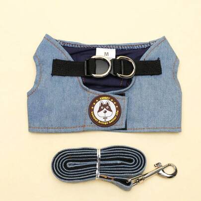 Bộ dây đeo ngực và dây xích bằng vải denim cho chó, áo ngực bằng vải canvas có thể điều chỉnh, chống tuột, chống nghẹt thở, phụ kiện đi dạo bền chắc cho thú cưng nhỏ và vừa.