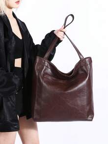 Large Capacity Tote Bag, Retro Faux Leather Handbag With Front Pocket, Suitable For Work And Travel - Coffee Brown - View 5