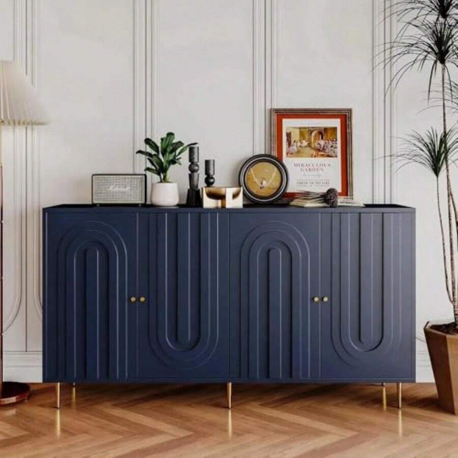 Modern Sideboard Buffet 60" Accent Cabinet Blue Wood Credenzas Entryway Table With Storage For Living Room Home Bar 4 Doors And Adjustable Shees - 海軍 - 查看 1