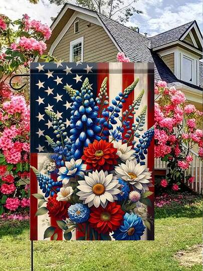 1pc Patriotic Floral USA Garden Flag 14x18 Double Sided, Red White Blue Wildflower American Flag Yard Decor For 4th Of July