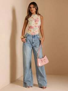 Body sin mangas estampado floral acuarela para mujer, diseño de cuello alto corto con fruncidos laterales moldeadores, prenda ligera fresca ideal para verano y looks elegantes casuales - Multicolor 5 - Ver 11