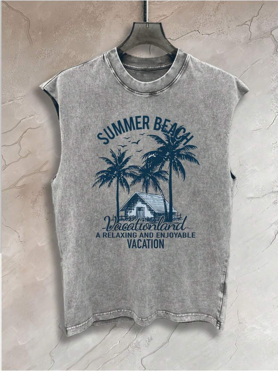 Men's Washed Summer Beach Coconut Trees This Printed, High-Street Style, And Distressed Printed Vest Is Perfect For Outdoor Activities Like Fishin... - 灰色 - 查看 1