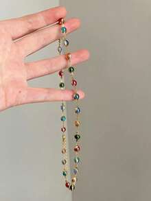 1pc Elegant Gold-Framed Necklace, Multi-Color Gemstone Chain Jewelry - Multicolor - View 2