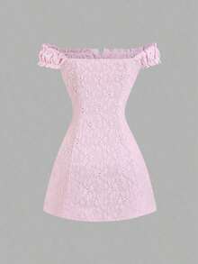 Vestido casual ajustado con hombros descubiertos, textura de jacquard y diseño calado, para primavera/verano - Rosa - Ver 2