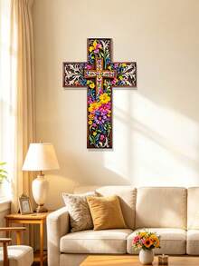 1pc 11.81 Inch High 2D Flat Metal Floral Cross Wall Decor - Multipurpose Decoration For Home, Office And Religious Spaces. Suitable For Living Room, Bedroom, Kitchen, Balcony And More. Ideal Gift For Holidays And Birthdays To Adorn Your Living Space. - Multicolor - View 11
