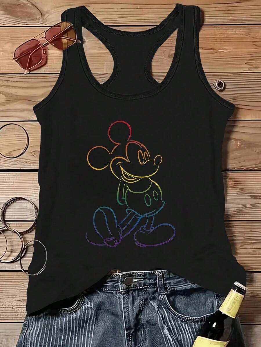 Disney Casual Sports Women's Vest, Featuring A Gradient Mickey Cartoon Pattern Print. Spring/Summer Style Sleeveless Large Round-Neck Vest, Soft, Comfortable And Breathable. Suitable For Daily Wear, Shopping, At Home, Parties And Gatherings. It Is Also More Suitable As A Beautiful Gift. - màu đen - Xem 1