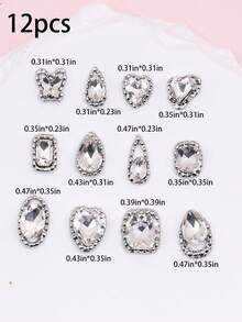 12pcs Silver Nail Jewelry, White Transparent Glass Diamond Butterfly & Heart Nail Gems, Nail Art Supplies - Silver - View 6