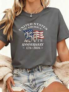 Women 250th Anniversary American Flag Tee, 1776-2026 250 Years Independence 4th Of July Casual Crew Neck Short Sleeve Graphic T Shirt - 灰色 - 查看 4