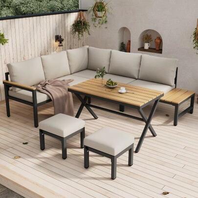 Garden Dining Set, Garden Lounge Chair Set, 4-Piece Set. Garden Furniture Set, Corner Sofa, 2 Stools, Dining Table, Plastic-Wood Tabletop With Shelves, Galvanized Steel, Grey-Beige