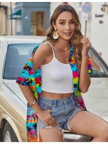 Hawaiian Shirts For Women Tropical Floral Button Down Short Sleeve Blouses Summer Beach Shirt Vacation Tops, 5XL Oversize Soft Cool V Neck - 熱帶椰子粉 - 查看 2