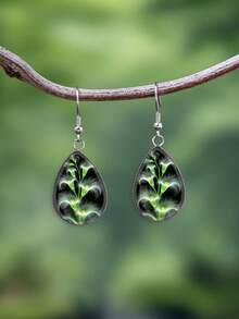 1 Pair Fresh Botanical Flower Pattern Paired With 316 Stainless Steel Water Drop Earrings, Cute Minimalist Style Suitable For Women's Daily Wear And Gifts, Elegant Minimalist Style Jewelry Earrings Suitable For Women's Daily And Holiday Wear - Green - View 1