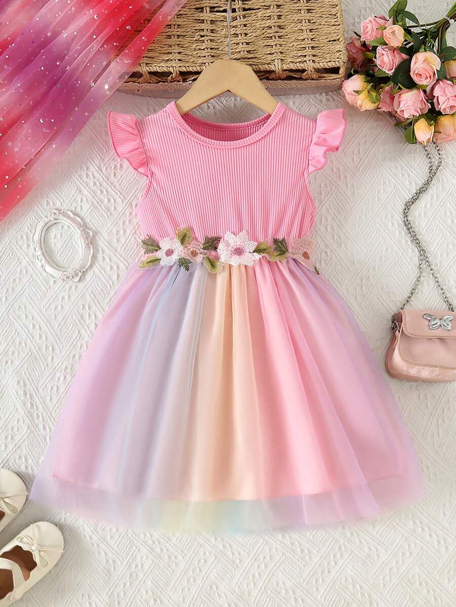 Vestido de verano para niñas con mangas cortas, falda de tul degradado de colores y ribete bordado, adecuado para uso diario, escuela, vacaciones y fiestas de cumpleaños, atuendo para el Día del Niño - Rosa - Ver 1