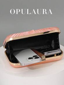 OpulAura 复古优雅缎面手拿包，褶皱扭结设计，时尚晚礼服包，魅力精致的正式派对手提包，奢华盒式小包，适合派对/婚礼/正式晚宴等场合，配有链条肩带，可肩背或斜挎。 - 橘色 - 查看 3
