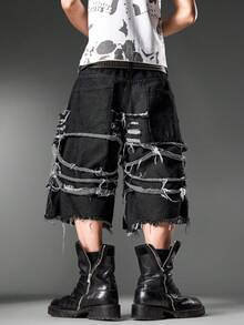 Men's American Street Retro Ripped Black Denim Five-Point Shorts, Loose Wide Leg Versatile All Season (Belt & Accessories Not Included) - Black - View 7