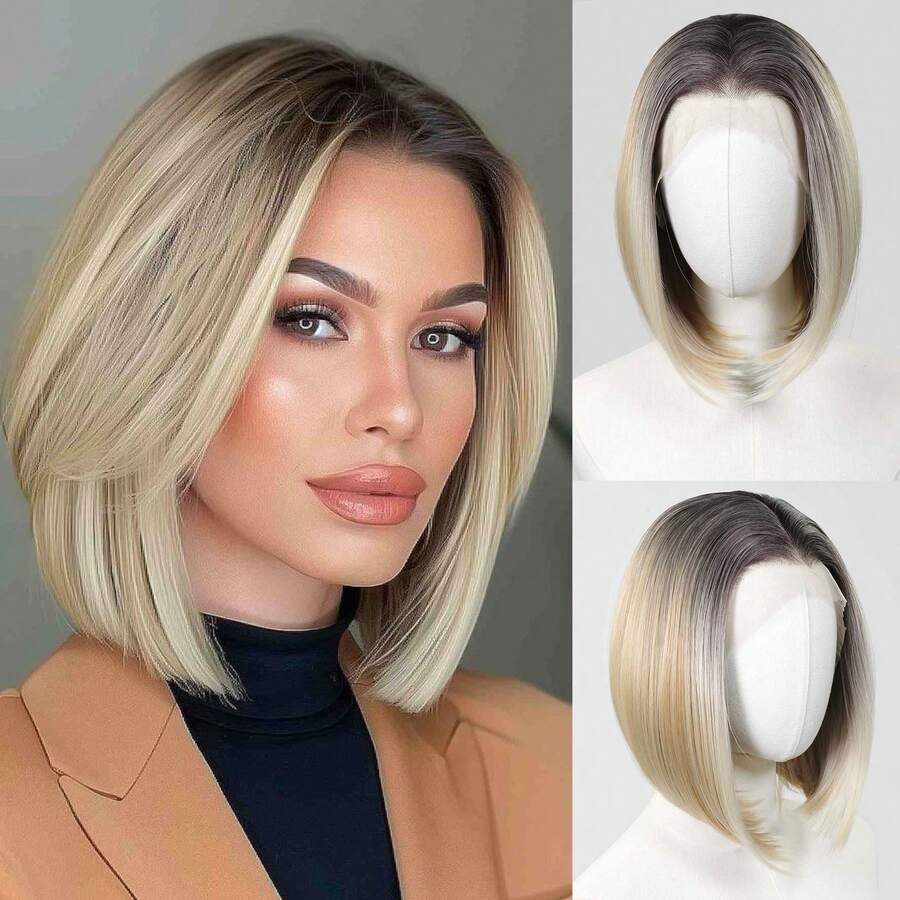 Ombre Gold Highlight Short Wavy Wig, Dark Roots, 13x4 Lace Front, Suitable For Daily Use, 150% Density, Realistic Natural High-Temperature Fiber