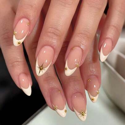 Instantly Upgrade Your Look With 24pcs Casual Elegant Vintage Street Hottie Simple Daily Golden Metal Beads And White Pearl Decoration Golden Star Pattern Off-White French Medium Almond Press On Nails Fake Nail Kit,Suitable For Girls And Women Who Like A Minimalist Style To Use In Daily Life And Shopping