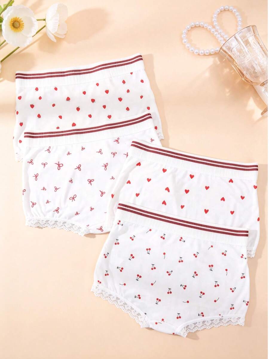 4 pièces/Paquet Culottes Hipster pour Femmes, Fleurs Mignons Blancs et Rouges, Tissu Confortable, Taille Contrastée - Rouge et Blanc - Voir 1