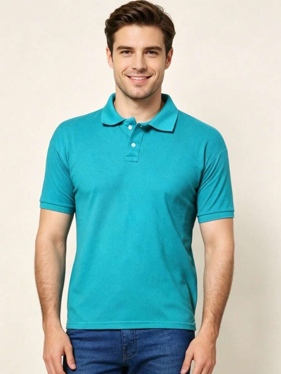 Men's Basic Short-Sleeve Polo Shirt, Breathable Cotton, Casual, Stylish, Various Colors - 青碧色 - 查看 1