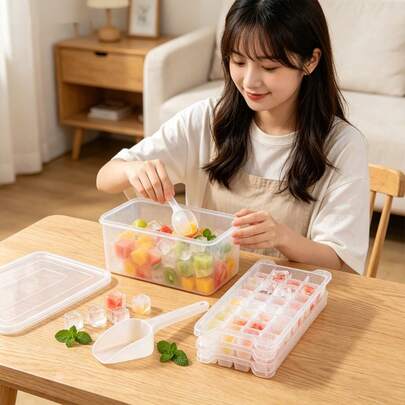 6pcs Stackable Large Capacity Trays With Lids, Soft Silicone Molds With Ice Scoop, Suitable For Whiskey, Cocktails, Coffee, Cold Drinks, Kitchen Tools