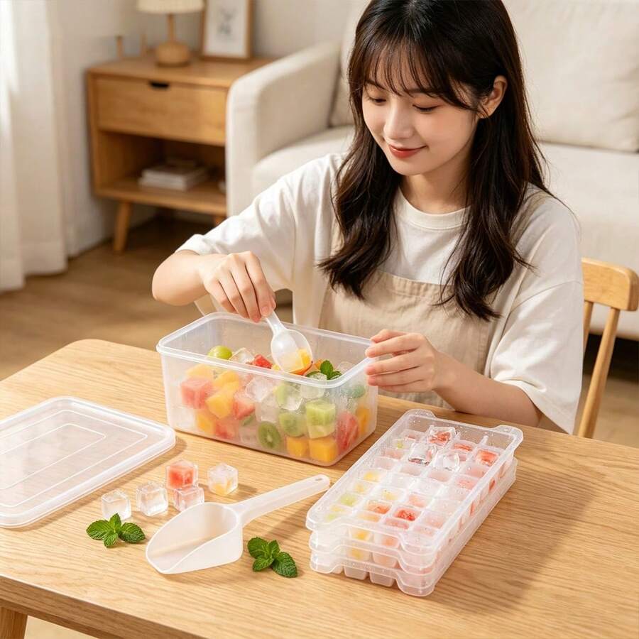 6pcs Stackable Large Capacity Trays With Lids, Soft Silicone Molds With Ice Scoop, Suitable For Whiskey, Cocktails, Coffee, Cold Drinks, Kitchen Tools - View 1