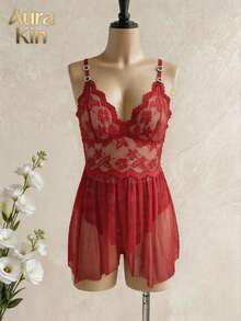 Red Floral Lace Mesh Cami Night Dress, Rhinestone Buckle Strap V Neck Flowy Hem Soft Ladies Casual Home Lounge Sleepwear - 紅色 - 查看 3