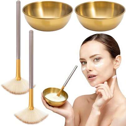4 Pcs Facial Brushes Esthetician, Face Mask Brush Applicator Esthetician Supplies, Fan Brushes Esthetician, Stainless Steel Esthetician Bowls, Facial Bowls Esthetician (Gold)