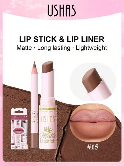  USHAS Lip Liner + Lipstick Set, 12 Colors Available, Velvet Matte Texture, Long-Lasting Non-Smudge Lip Makeup Set, Waterproof Lipstick, Essential For Daily Commute And Parties