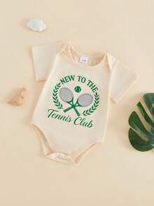 Baby Boy Romper, Short Sleeve Crew Neck Fish/Dog/Dinosaur/Tennis Racket Print Summer Bodysuit Clothes - Blue - View 2