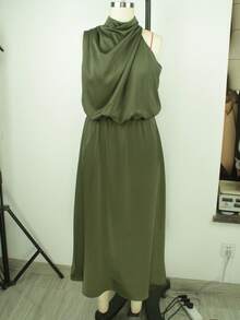 Vestido verde de satén sin mangas de longitud media, diseño elegante y versátil, vestido de fiesta de verano, europea y americana - Verde militar - Ver 8