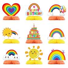 9pcs Rainbow Paper Honeycomb Birthday Party Table Decorations, Colorful Clouds, Sun, Heart Balloons, Happy Birthday Table Centerpiece, Rainbow Shower Party Decor - View 1