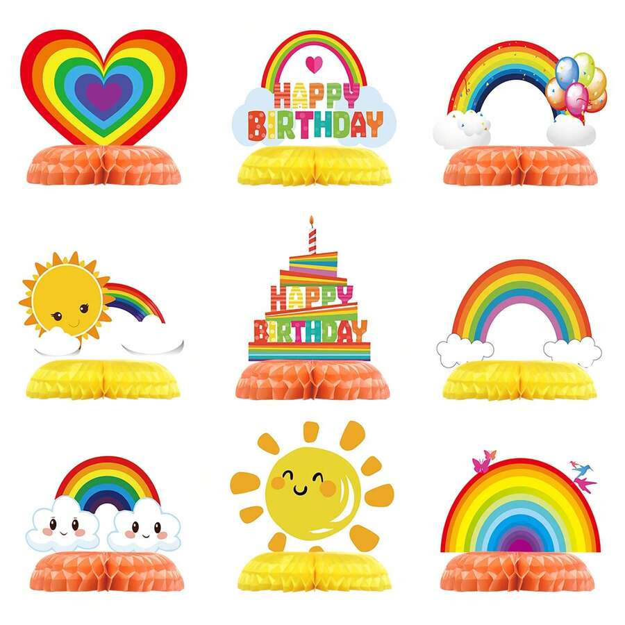 9pcs Rainbow Paper Honeycomb Birthday Party Table Decorations, Colorful Clouds, Sun, Heart Balloons, Happy Birthday Table Centerpiece, Rainbow Shower Party Decor - View 1