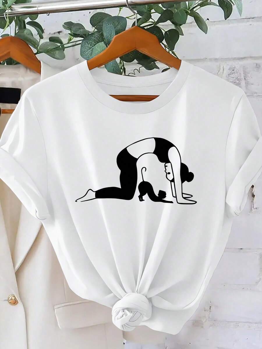 Camiseta con impresión de gato y hombre de yoga de uste suelto de las mujeres - Top de cuello redondo estirable adecuado para yoga, pilates, ropa casual y tres de vacaciones - blusa lavable en máquina (todo el año)
