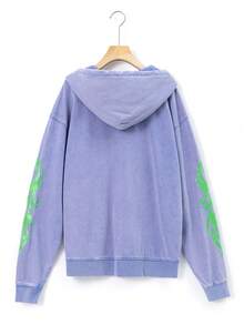 Cotton Letter Print Plus Size Crew Neck Loose Sweatshirt, Vacation Travel Beach, Casual Sports Elegant - Dark Gray-blue Top + Purple-blue Shorts - View 4