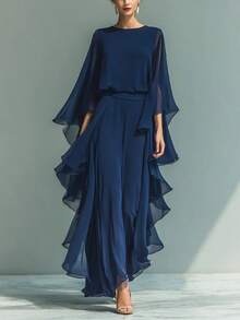 New Dark Blue Ruffled Wide-Leg Pants Suit For Women, Fashionable And Elegant Two-Piece Set With Long Sleeves And Casual Pants - 深藍色 - 查看 4