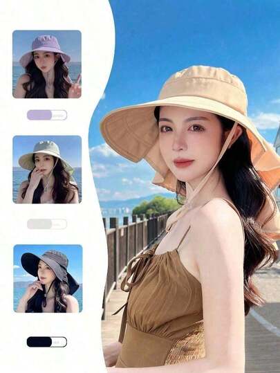 1pc Women's Spring/Summer Outdoor Wide Brim Hat, Korean Fashion Poncho Style With Hole Ponytail NRBZ