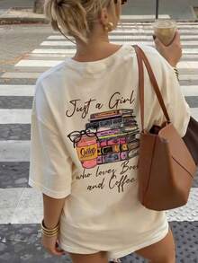 Minimalist. 100% Cotton. 1 Piece. New Women's Summer T-Shirt With Colorful Letter And Coffee-Colored Book Print, Crew Neck, Short Sleeves, Pink, Fashionable And Versatile, Suitable As A Women's Everyday Top, For Leisure And Spring Holidays. Spring/Summer Top. - 白色 - 查看 5
