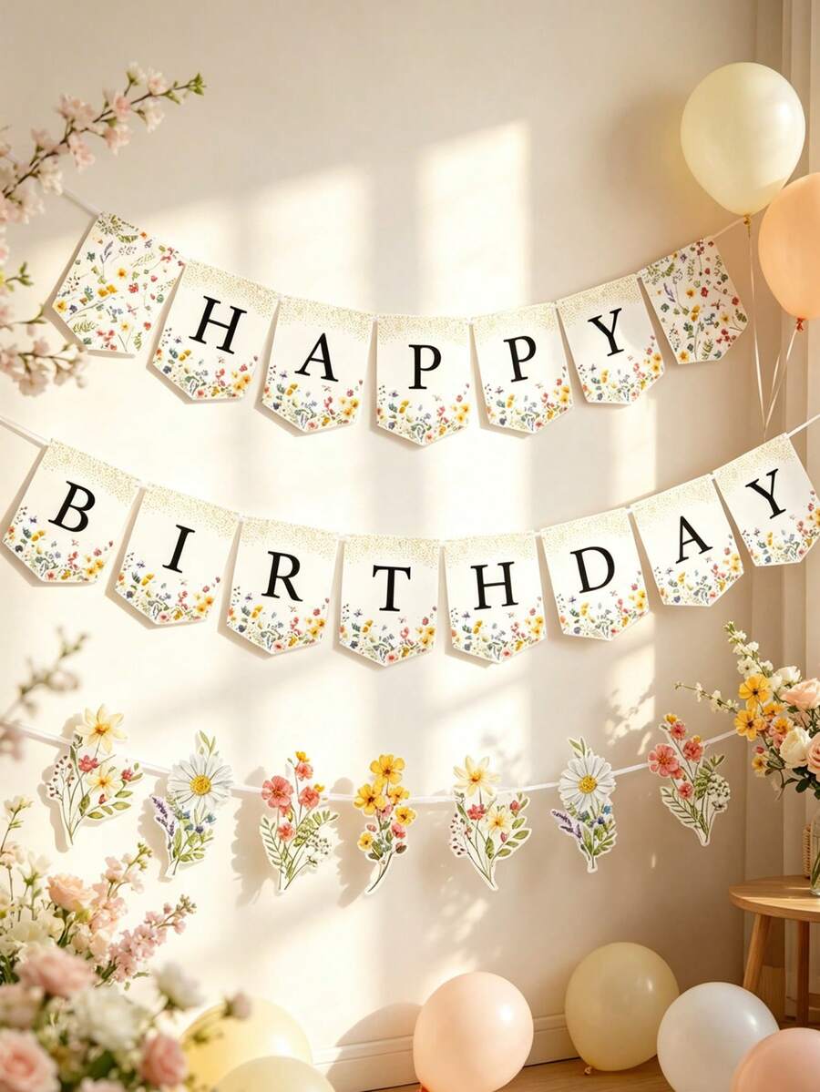 一套野花主题生日快乐横幅，生日派对三角旗，春季花卉主题婴儿派对用品，女孩生日派对装饰，新生儿性别揭晓派对墙面装饰，婴儿房装饰，一周岁生日装饰，生日派对用品