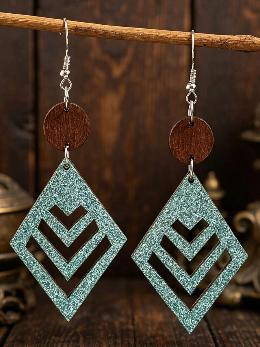 1 Đôi bông tai hình mũi tên rỗng màu xanh lá cây kiểu Bohemian, bông tai hình tròn bằng gỗ đính kim cương kiểu cao bồi miền Tây. - Màu xanh Bạc hà - Xem 1
