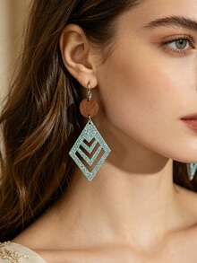 1 Đôi bông tai hình mũi tên rỗng màu xanh lá cây kiểu Bohemian, bông tai hình tròn bằng gỗ đính kim cương kiểu cao bồi miền Tây. - Màu xanh Bạc hà - Xem 2