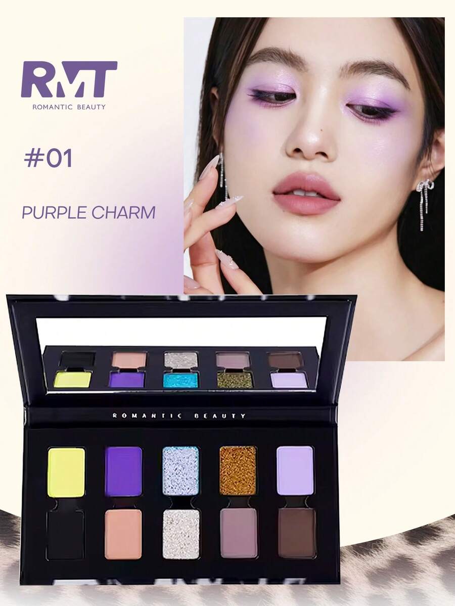 Palette d'ombres à paupières romantique et belle RMT : une palette de 10 couleurs, comprenant 01 Charme Violet, 02 Vert Fumé, et un ensemble d'ombres à paupières mate pailletée violet fumé et nude naturel. Ombre à paupières noire. Convient pour Halloween et Noël. - 01 Enchanteresse Pourpre - Voir 1