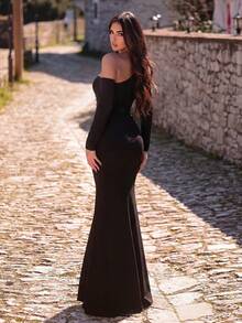 Faeriesty Elegant & Romantic Long Rhinestone Embellished Knit Formal Dress, Asymmetric Neckline And Slit Design Fall Wedding Party Black - Black - View 3