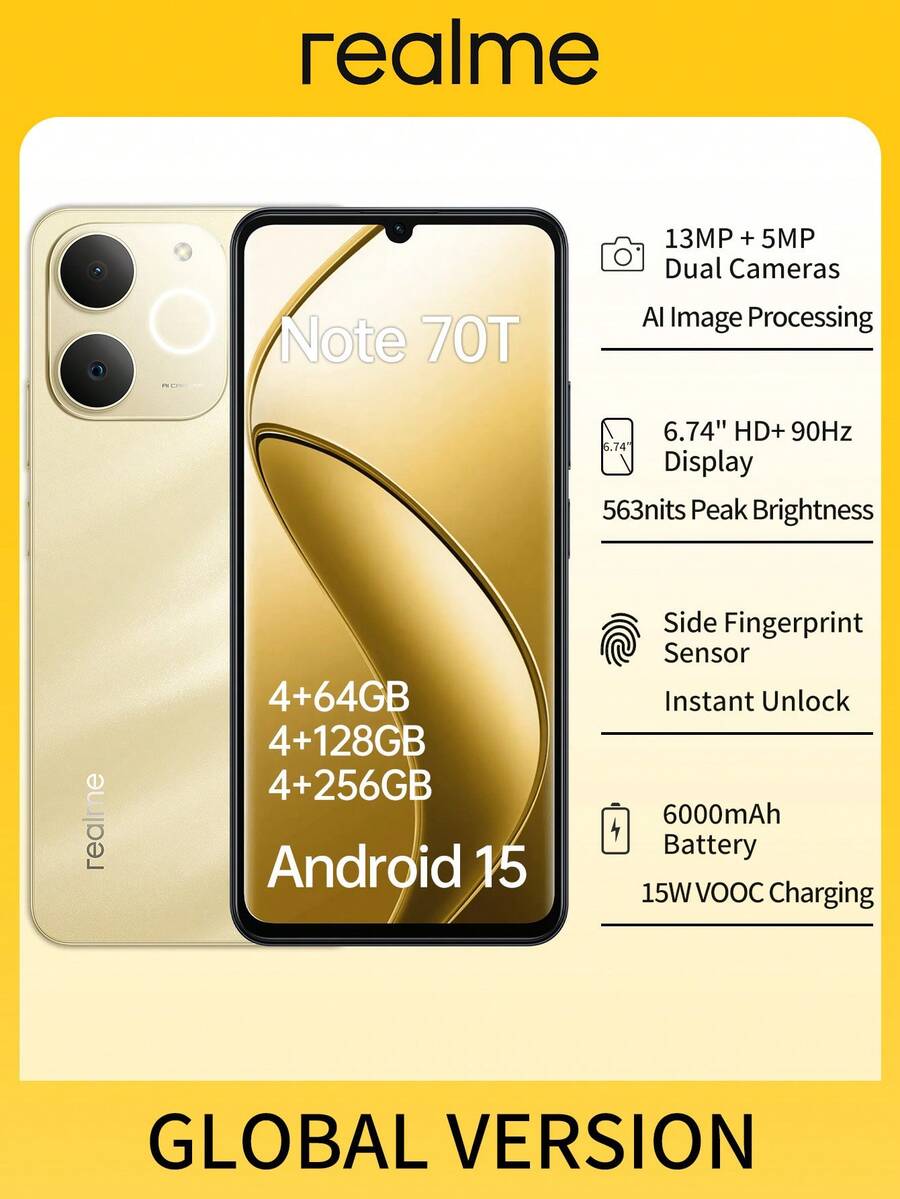 Note 70T 全球解锁智能手机，搭载紫光展锐 T7250 八核处理器，6.75 英寸 90Hz 高清+ 爱眼显示屏，6000mAh 长效电池，1300 万像素高分辨率摄像头，IP54 防尘防水，4GB+64GB/4GB+128GB/4GB+256GB（黑色/金色）